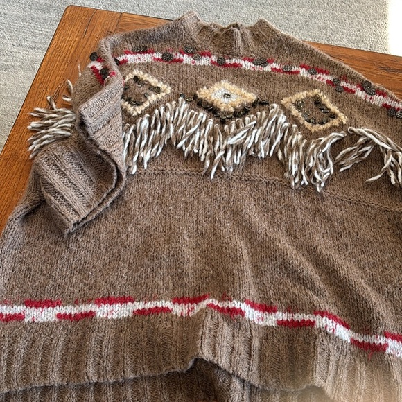 Free People Dark Crystal Wool Alpaca Fringe Oversized Poncho Sweater Size Small - Picture 12 of 13